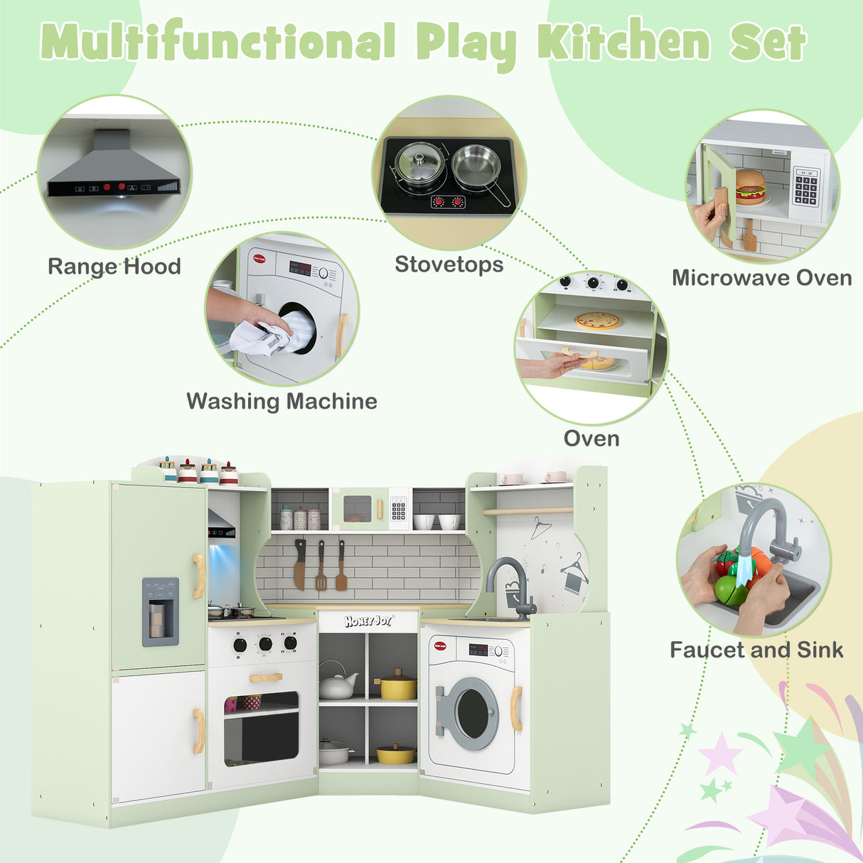 Corner Kids Play Kitchen with Washing Machine and Ice Maker Gift for Boys Girls-Green