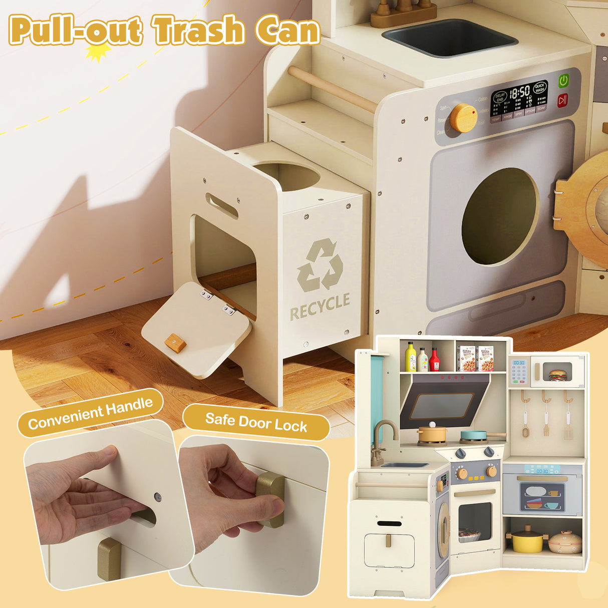 Corner Kitchen Toys with Lights and Sounds with Pull-out Trash Can and Stoves-Off White