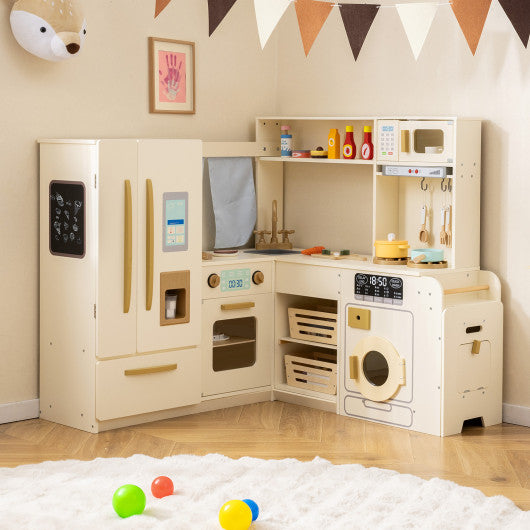 Corner Play Kitchen with Lights and Sounds for Ages 3+-Beige