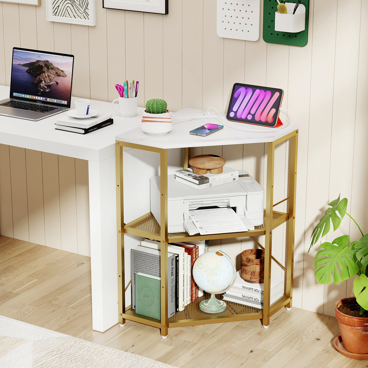 Corner Printer Stand with Power Outlet 3-Tier Storage Rack with Adjustable Shelf-White
