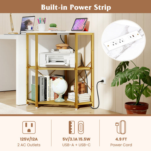 Corner Printer Stand with Power Outlet 3-Tier Storage Rack with Adjustable Shelf-Brown