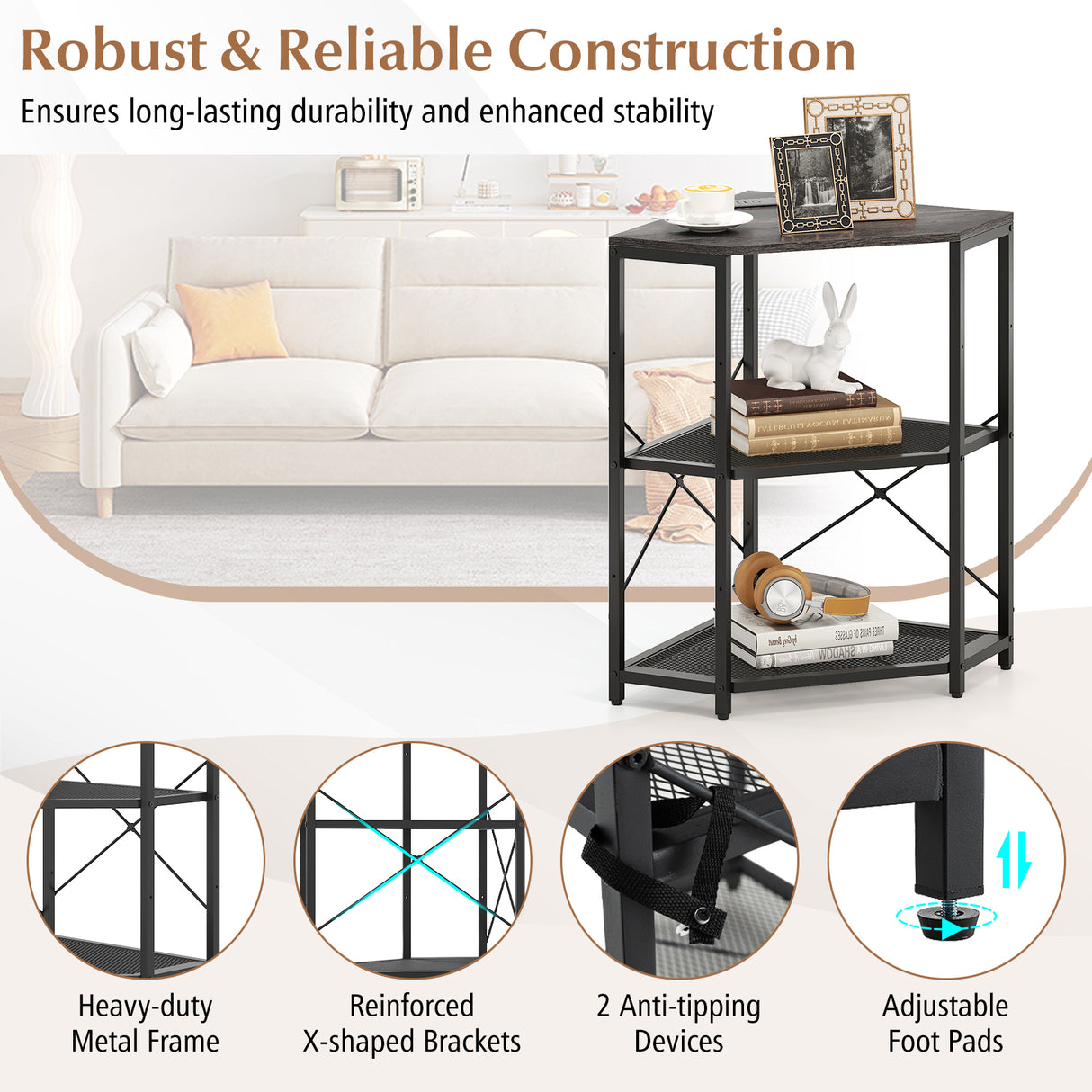 Corner Printer Stand with Power Outlet 3-Tier Storage Rack with Adjustable Shelf-Black