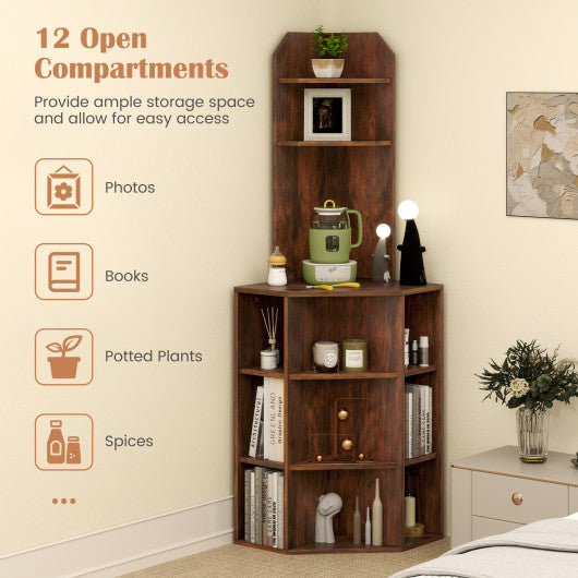 6-Tier Corner Shelf with Charging Station and 2 USB Ports-Brown