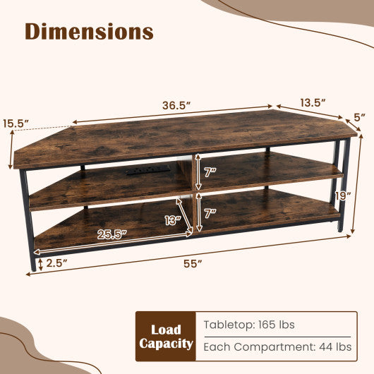 3-Tier Corner TV Stand for TVs up to 65 Inches with Charging Station- Rustic Brown