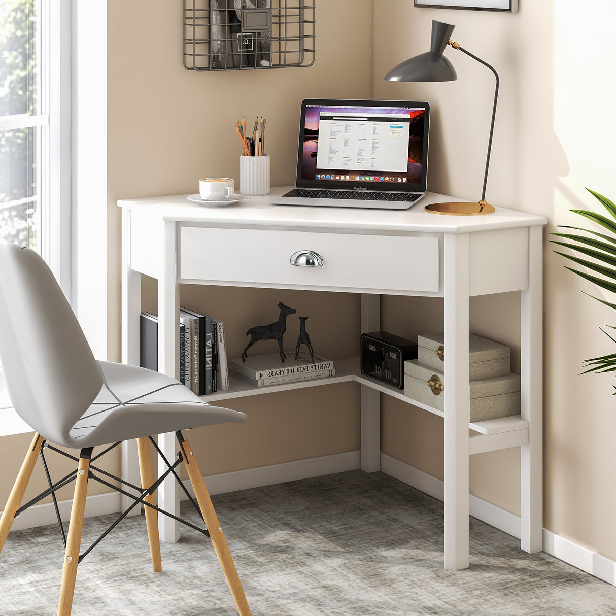Corner Wooden Piece Laptop Computer Desk-Black