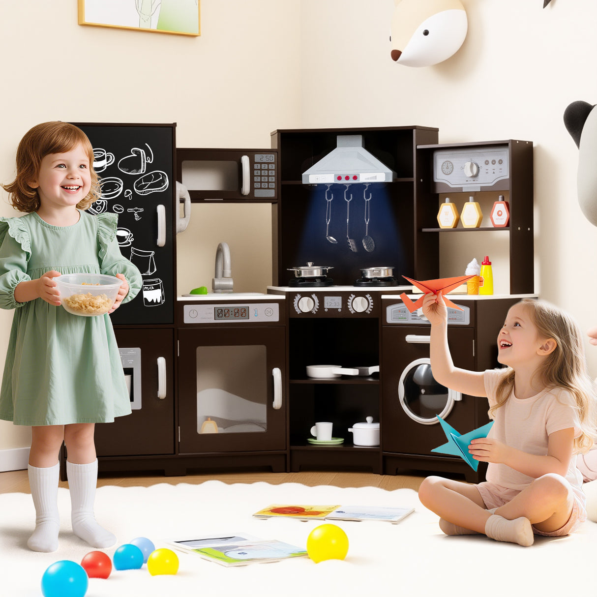 Corner Wooden Play Kitchen with Lights and Sounds Large Pretend Play Kitchen Set-Espresso