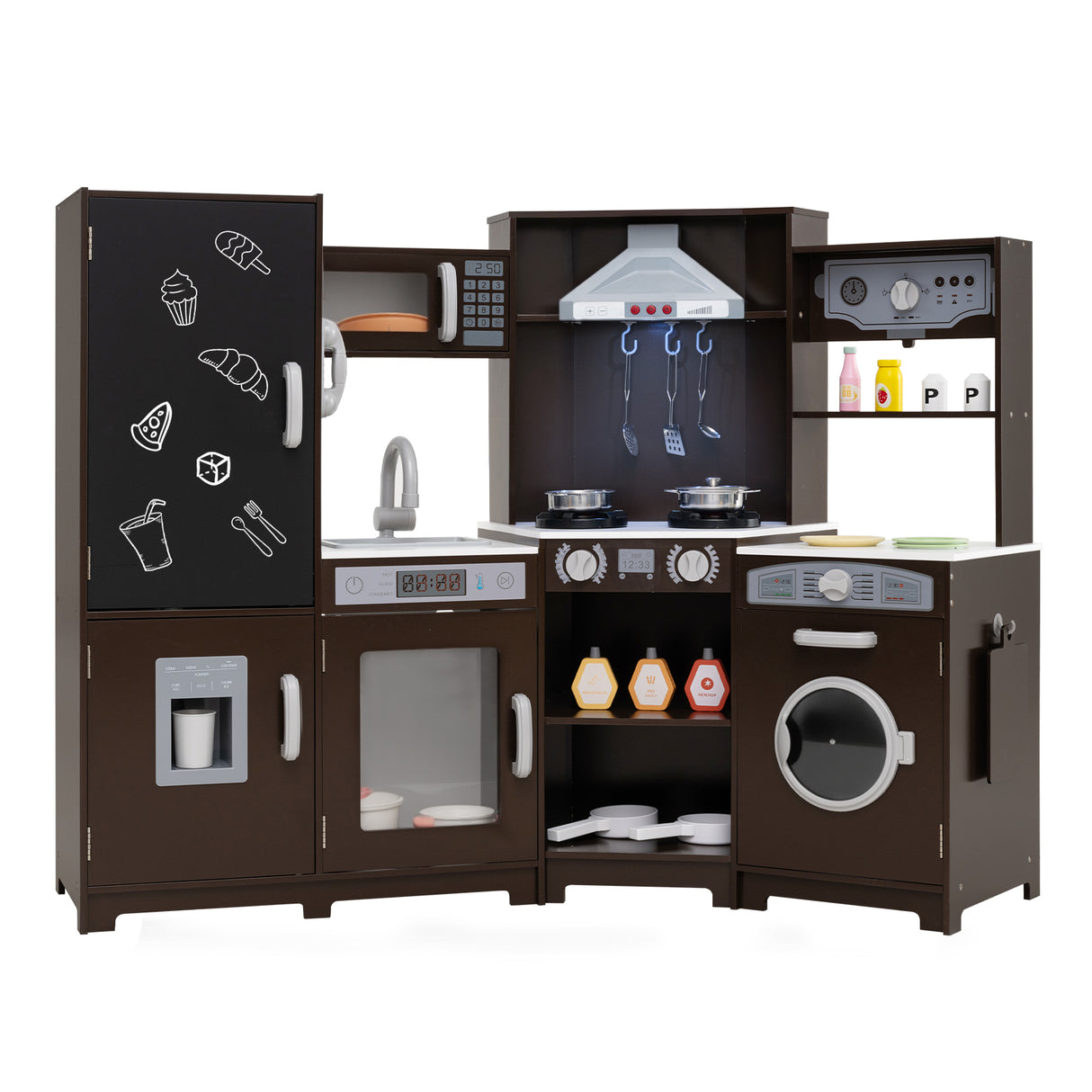 Corner Wooden Play Kitchen with Lights and Sounds Large Pretend Play Kitchen Set-Espresso