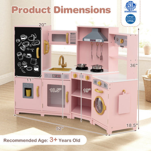 Corner Wooden Play Kitchen with Lights and Sounds Large Pretend Play Kitchen Set-Pink
