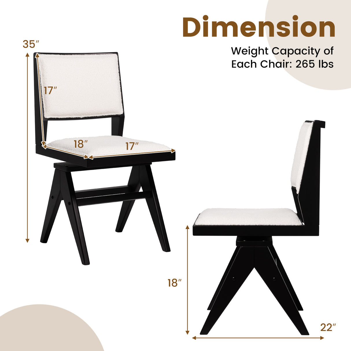 Swivel Wooden Dining Chair Set of 2 with Rubber Wood Frame and Padded Seat-Black
