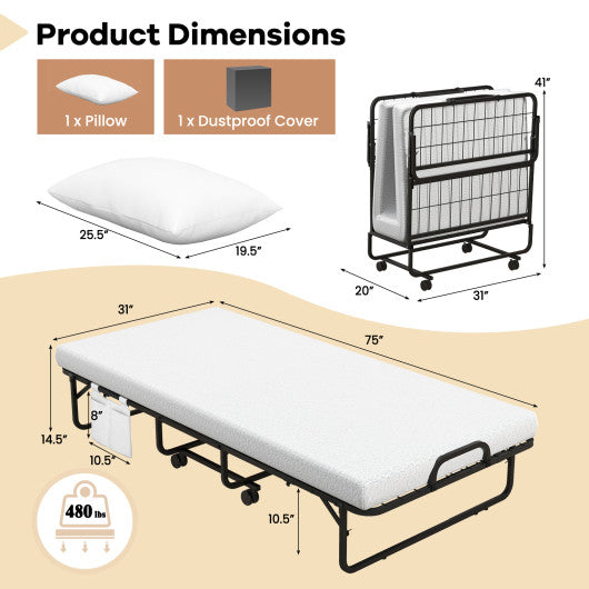 Cot Size Folding Bed with Memory Foam Mattress and Pillow