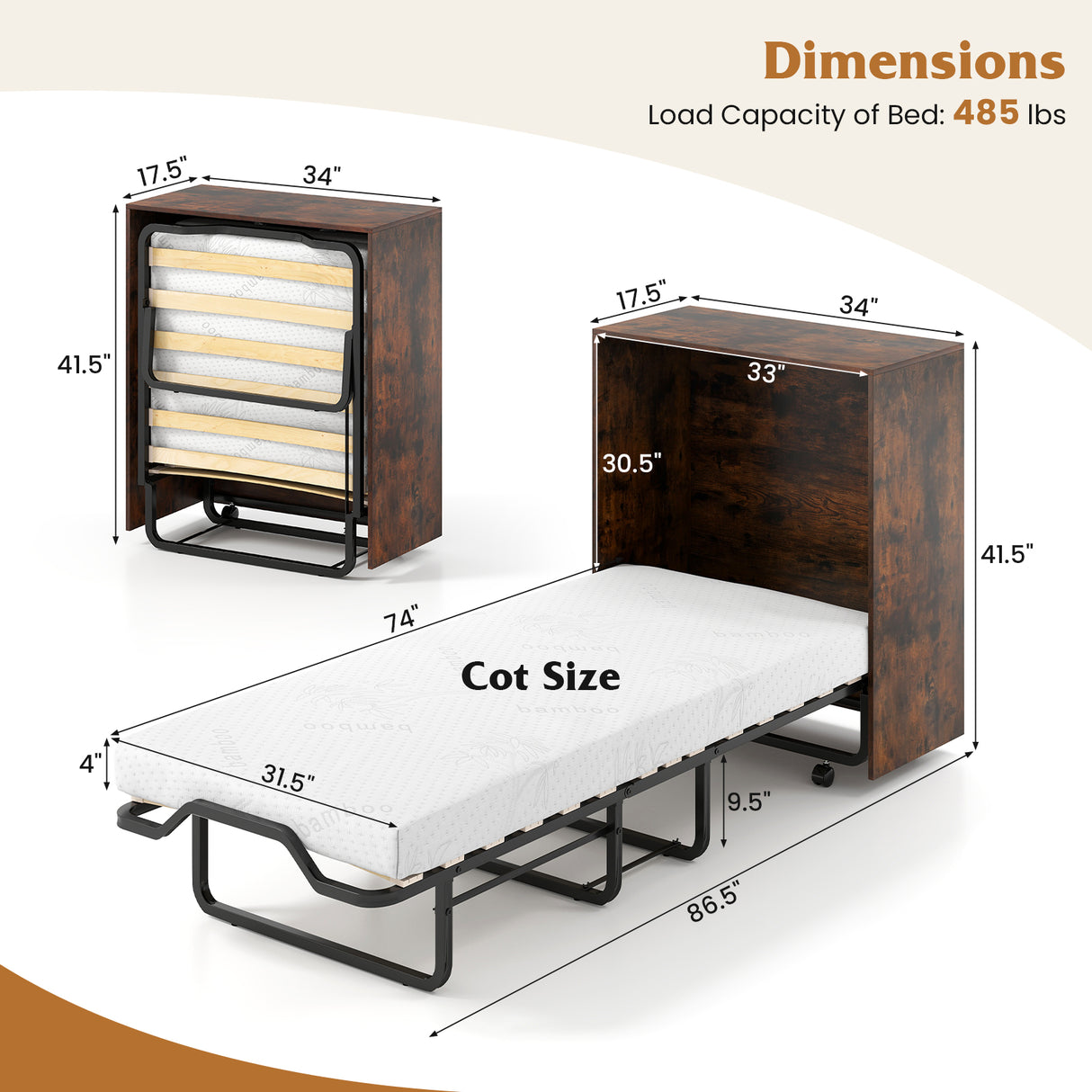 Cot Size Murphy Bed with Foldable Bed and Lockable Wheels-Rustic Brown