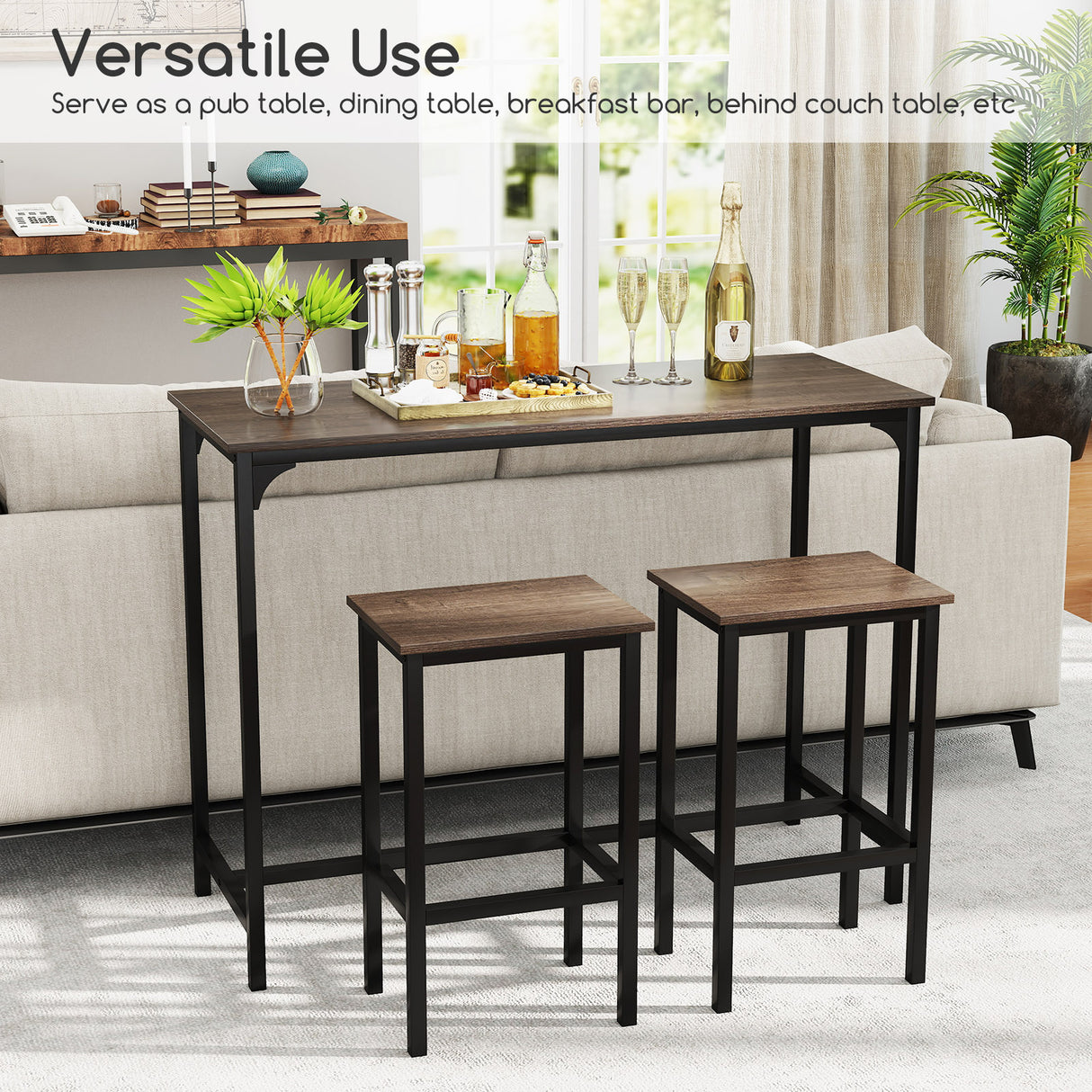 Industrial 3-Piece 47.5" Counter-Height Dining Table and 2 Bar Stools-Gray