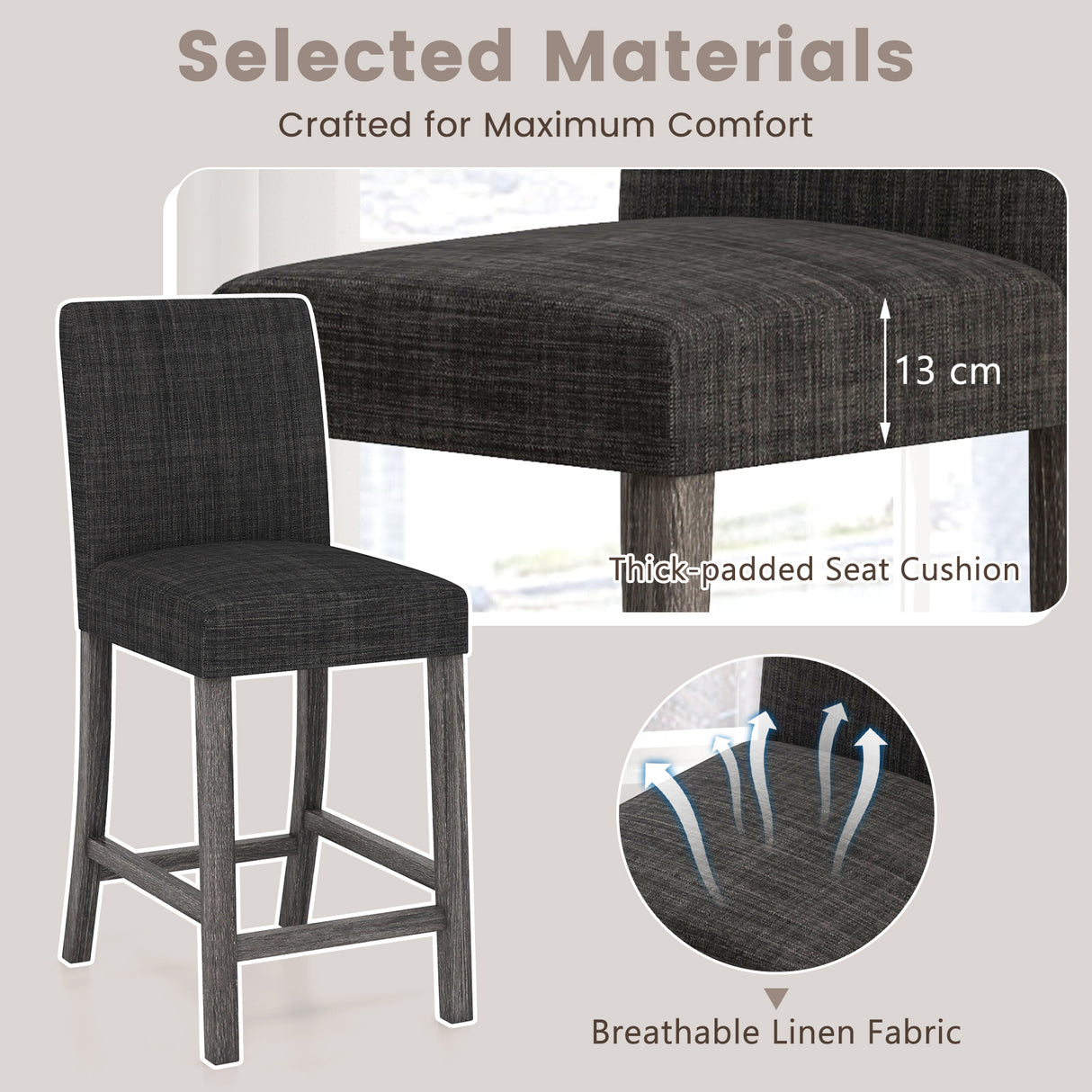 Counter Height Bar Stools Set of 2 with Back and Footrest-Gray