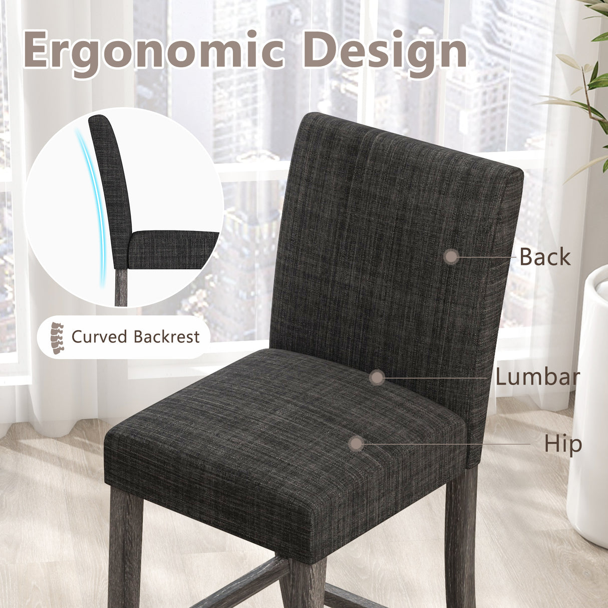 Counter Height Bar Stools Set of 2 with Back and Footrest-Gray
