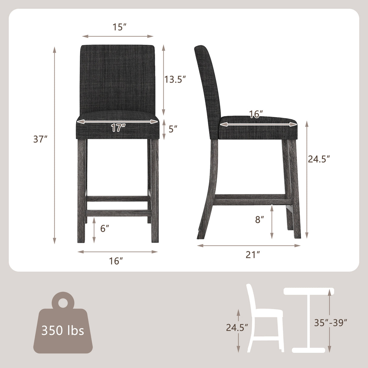 Counter Height Bar Stools Set of 2 with Back and Footrest-Gray