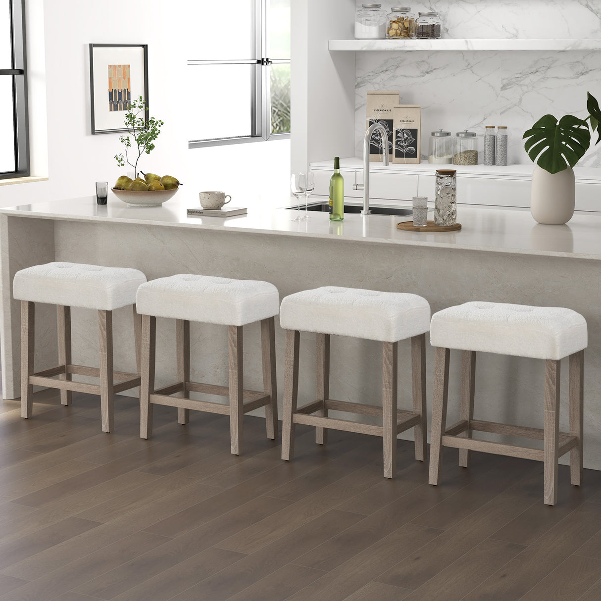Modern Counter Height Bar Stools Set of 2 with Rubber Wood Legs-White and Gray