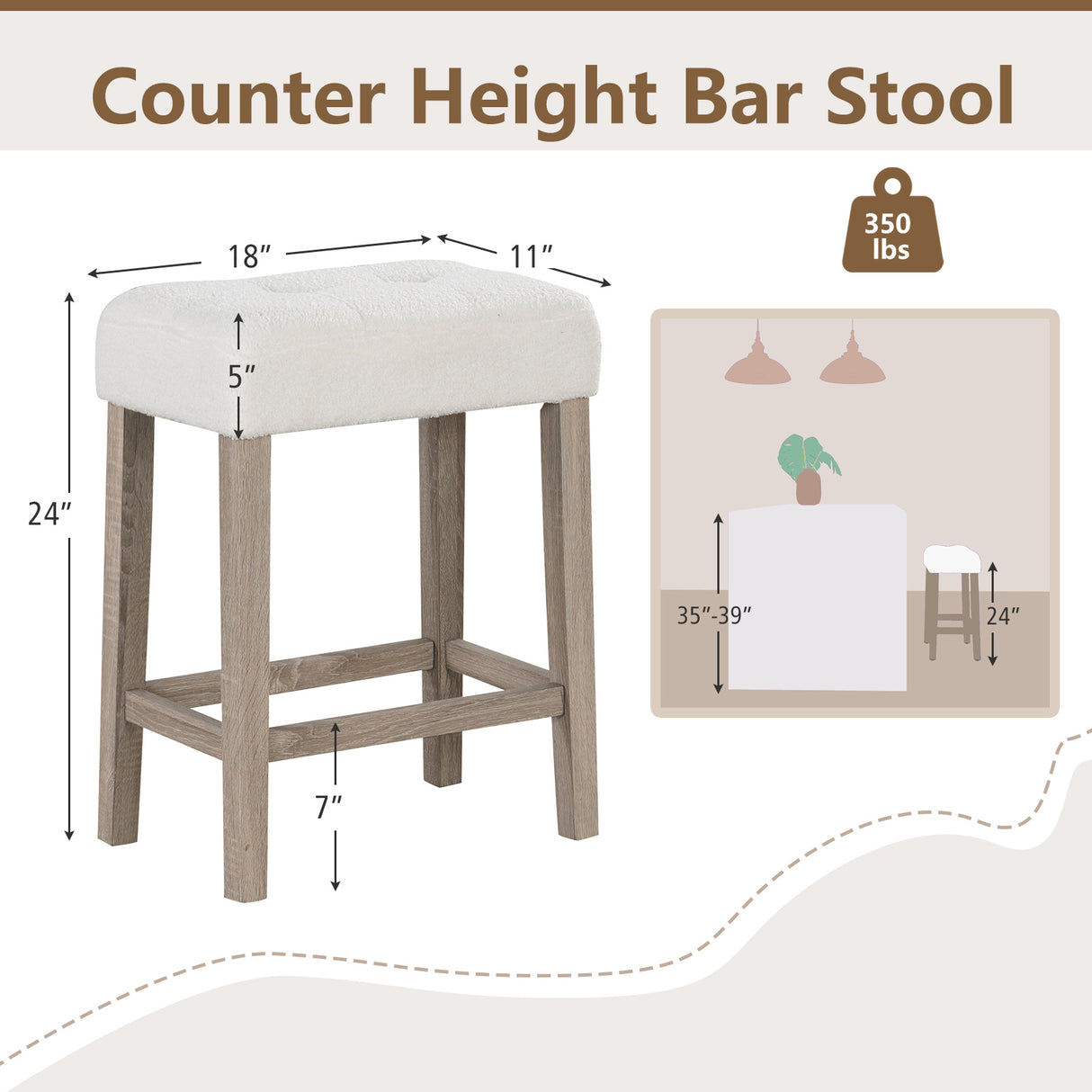 Modern Counter Height Bar Stools Set of 2 with Rubber Wood Legs-White and Gray