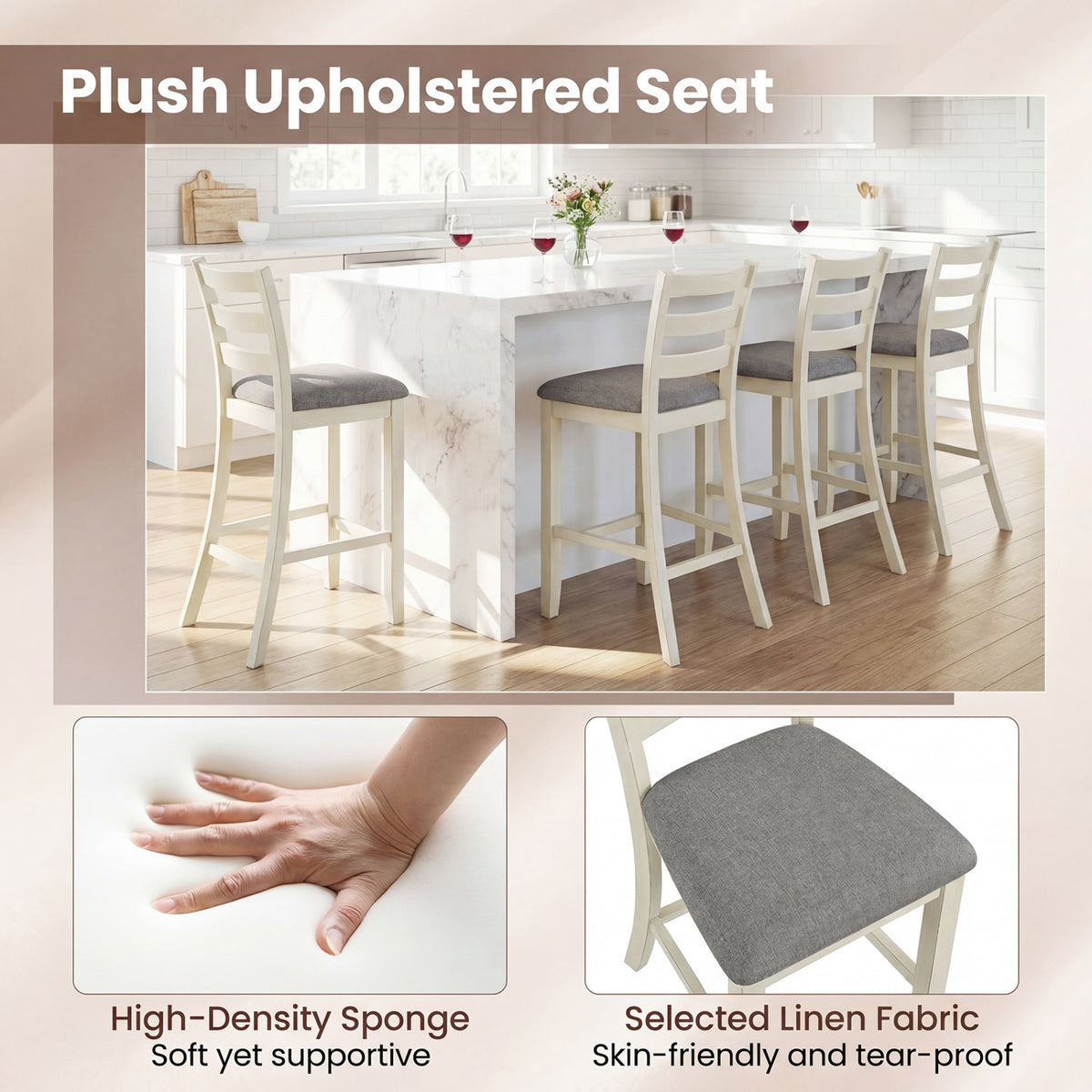 Counter Height Chairs with Fabric Seat and Rubber Wood Legs-Beige
