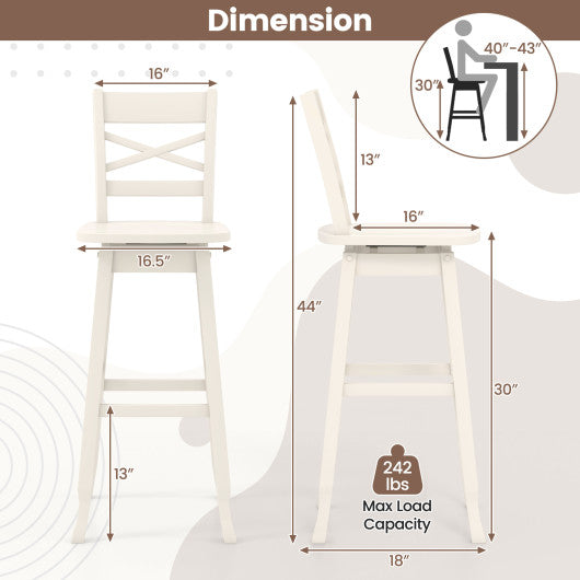 Swivel 30-Inch Bar Height Stool Set of 2 with Footrest-White