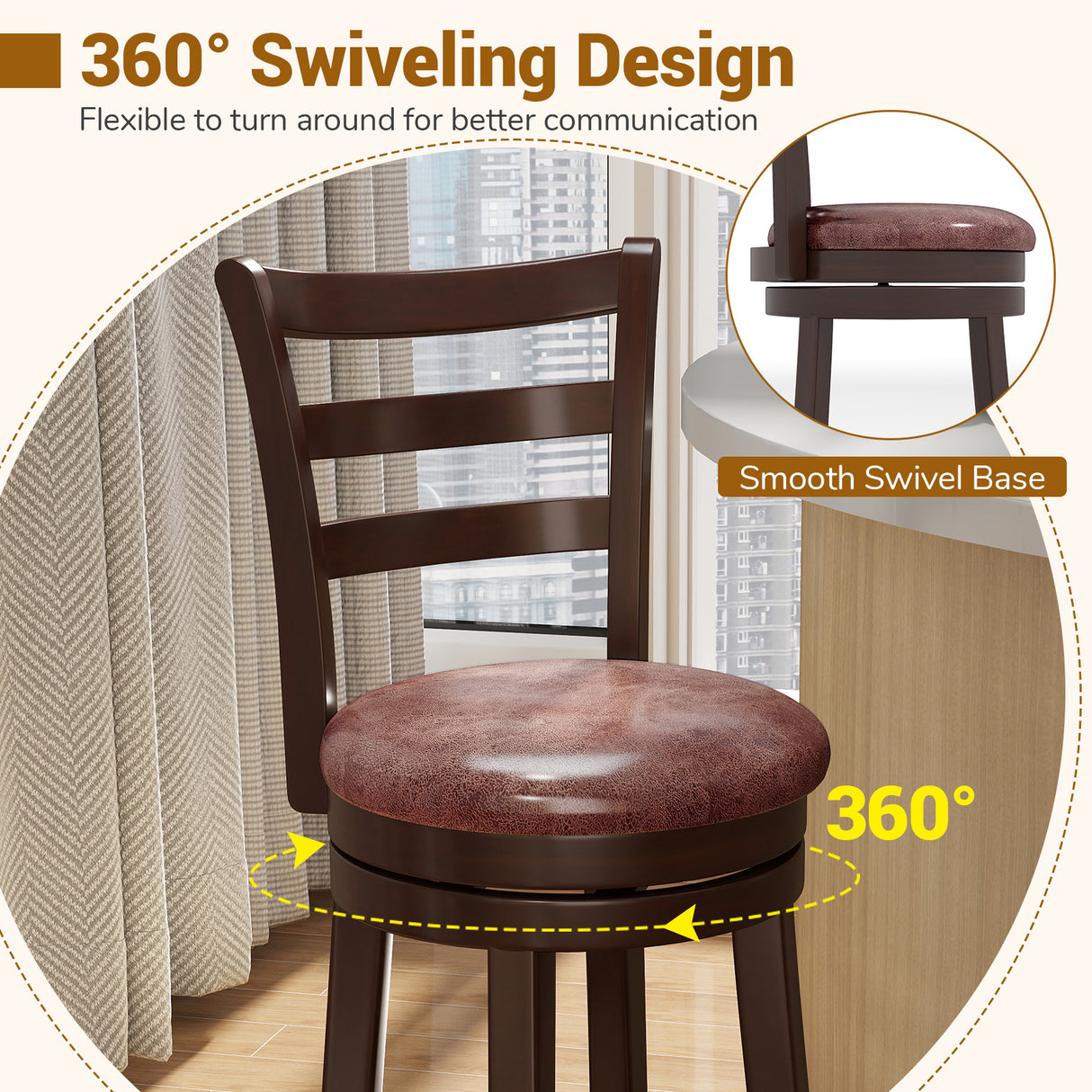 Counter Height Swivel Barstools Set of 2 with Faux Leather Seat and Wrap-around Footrest-29