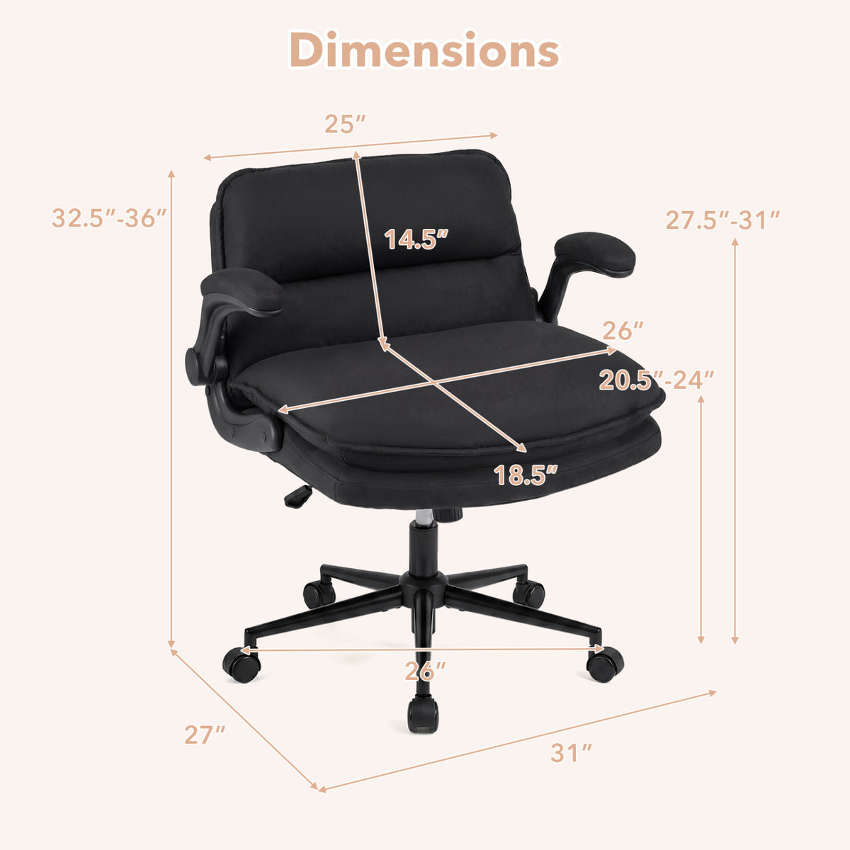 Criss Cross Chair on Wheels with Flip-up Arms Adjustable Height-Gray
