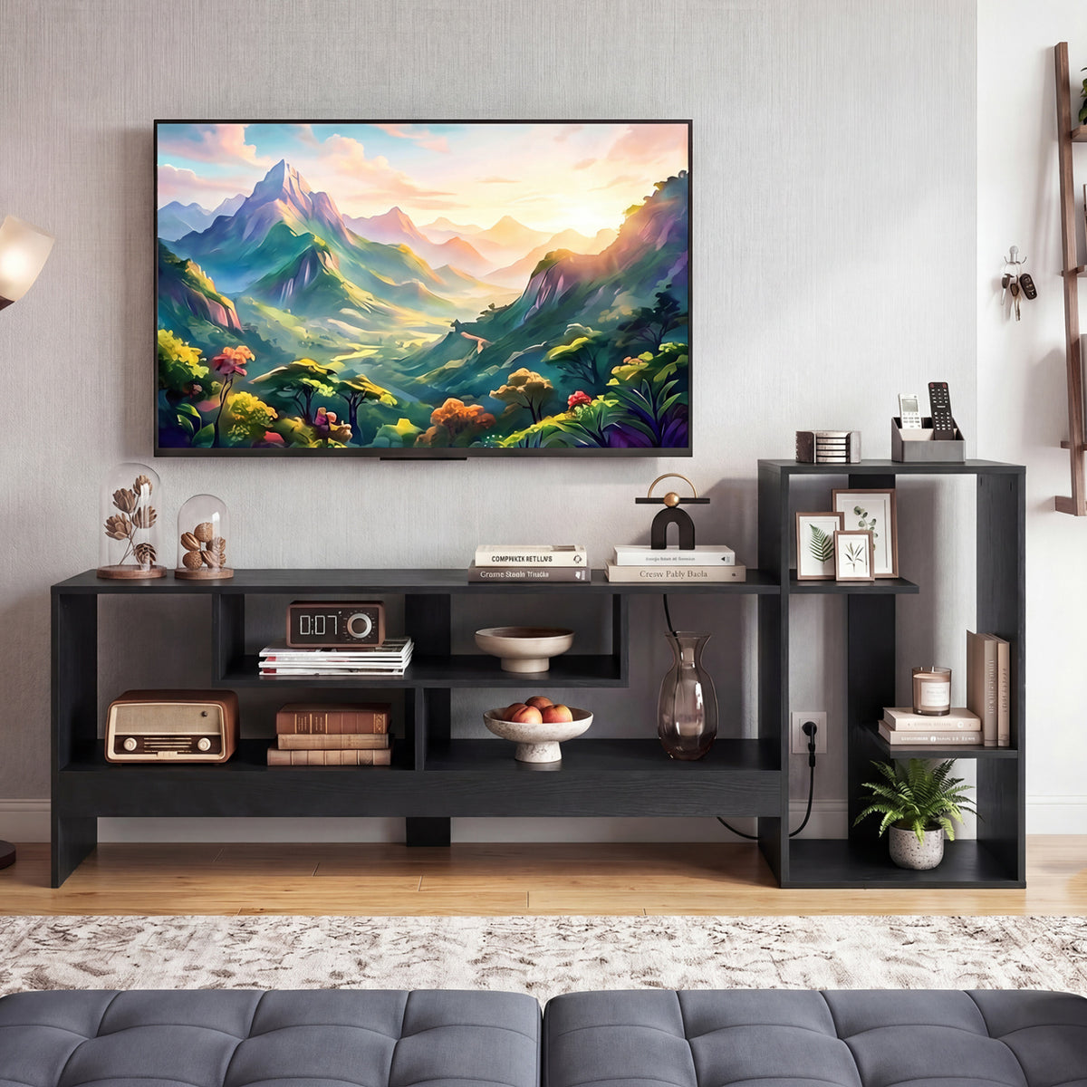 Cube TV Stand for 55 Inch TV with Power Outlets and Open Storage Shelves-Black