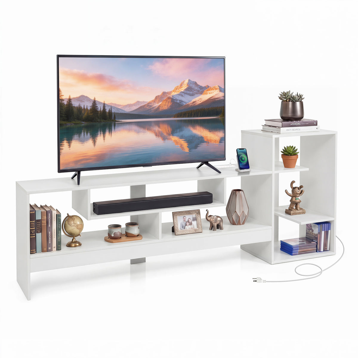 Cube TV Stand for 55 Inch TV with Power Outlets and Open Storage Shelves-White