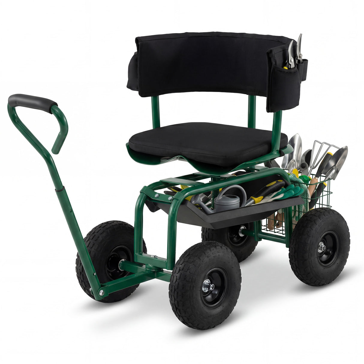 Cushioned Rolling Garden Cart Scooter with Storage Basket and Tool Pouch-Green