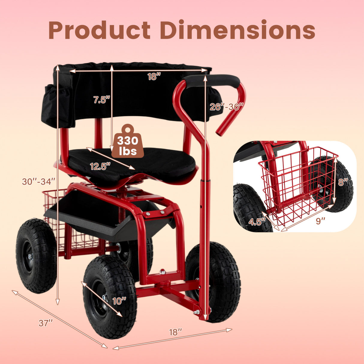 Cushioned Rolling Garden Cart Scooter with Storage Basket and Tool Pouch-Black & Red