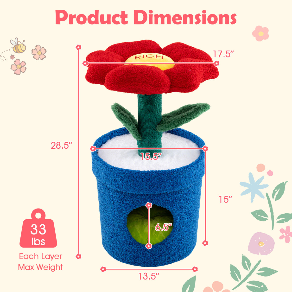 Cute Cat Tree with Flower Padded Perch for Indoor Cats-Red
