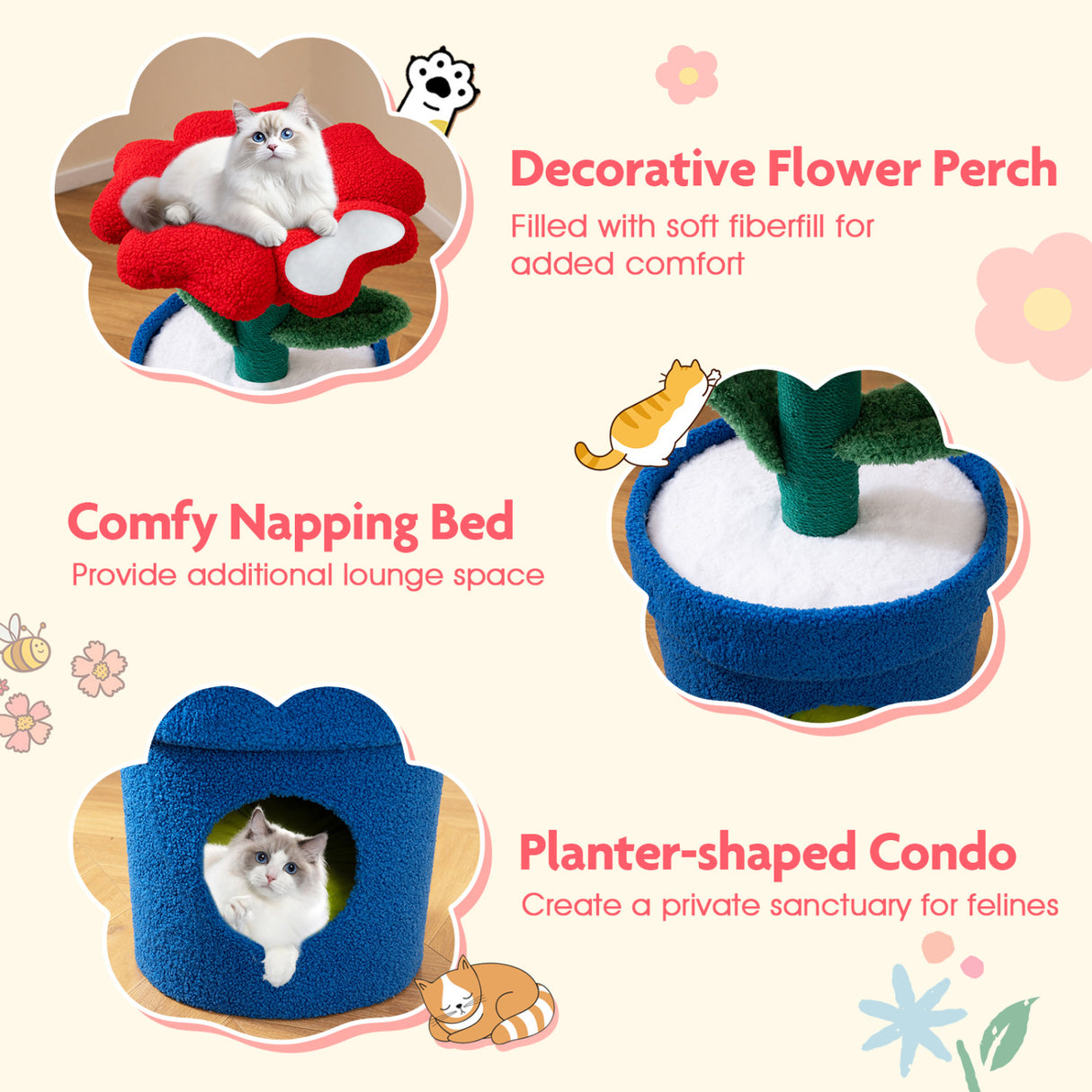 Cute Cat Tree with Flower Padded Perch for Indoor Cats-Red