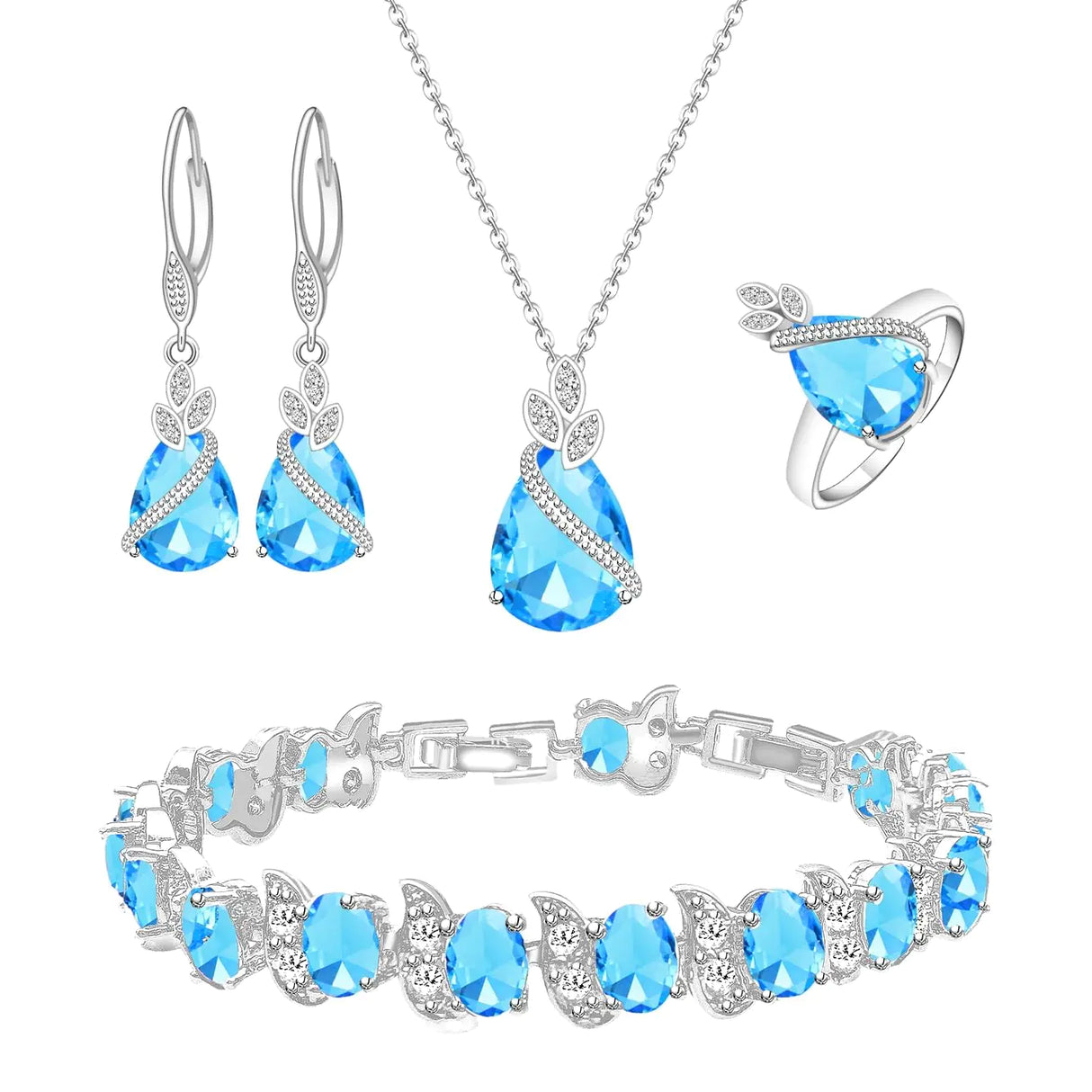 LMXXVJ Australian Crystal Jewelry Set For WomenPlatinum Plated Aquamarine Necklace Ring Earrings Bracelet Costume Jewelry Set Gifts for/Mom/Wife