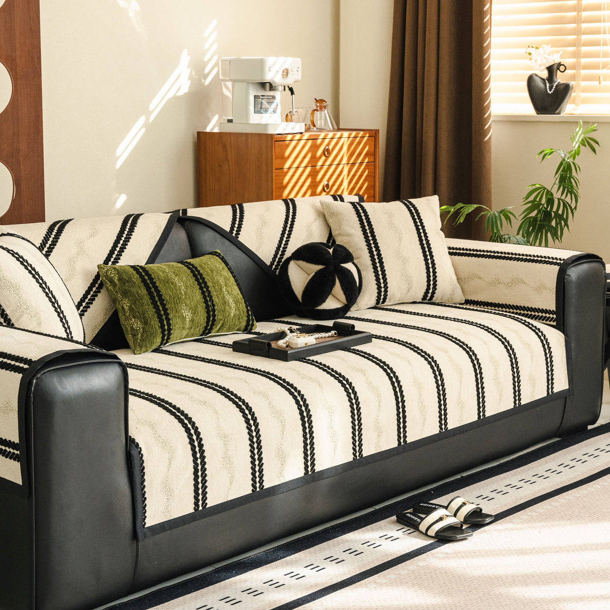 Non-Slip Sofa Cover with Thick Chenille Texture Woven Stripe Couch Protector Throw