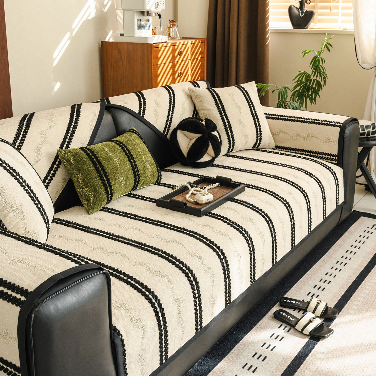 Non-Slip Sofa Cover with Thick Chenille Texture Woven Stripe Couch Protector Throw