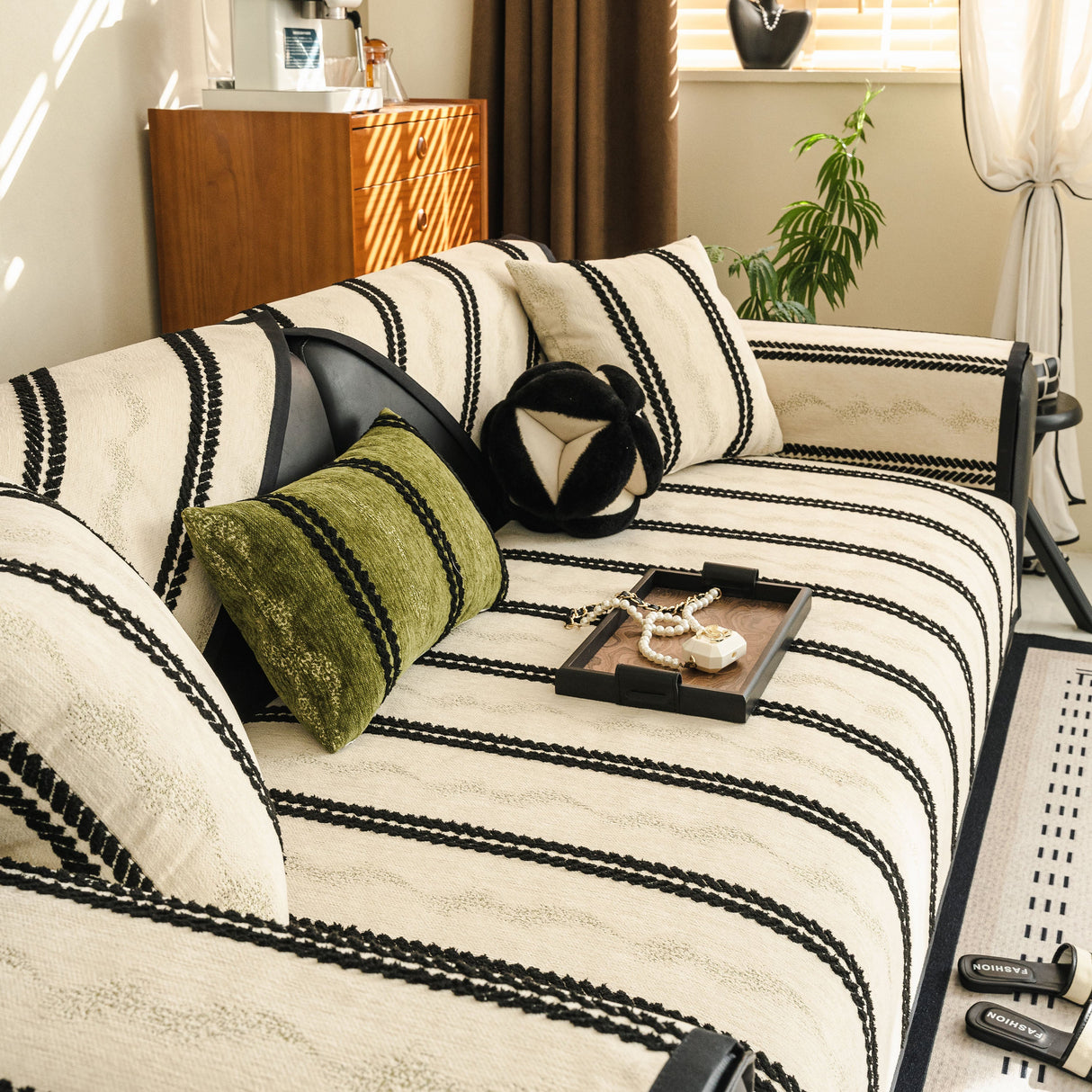 Non-Slip Sofa Cover with Thick Chenille Texture Woven Stripe Couch Protector Throw