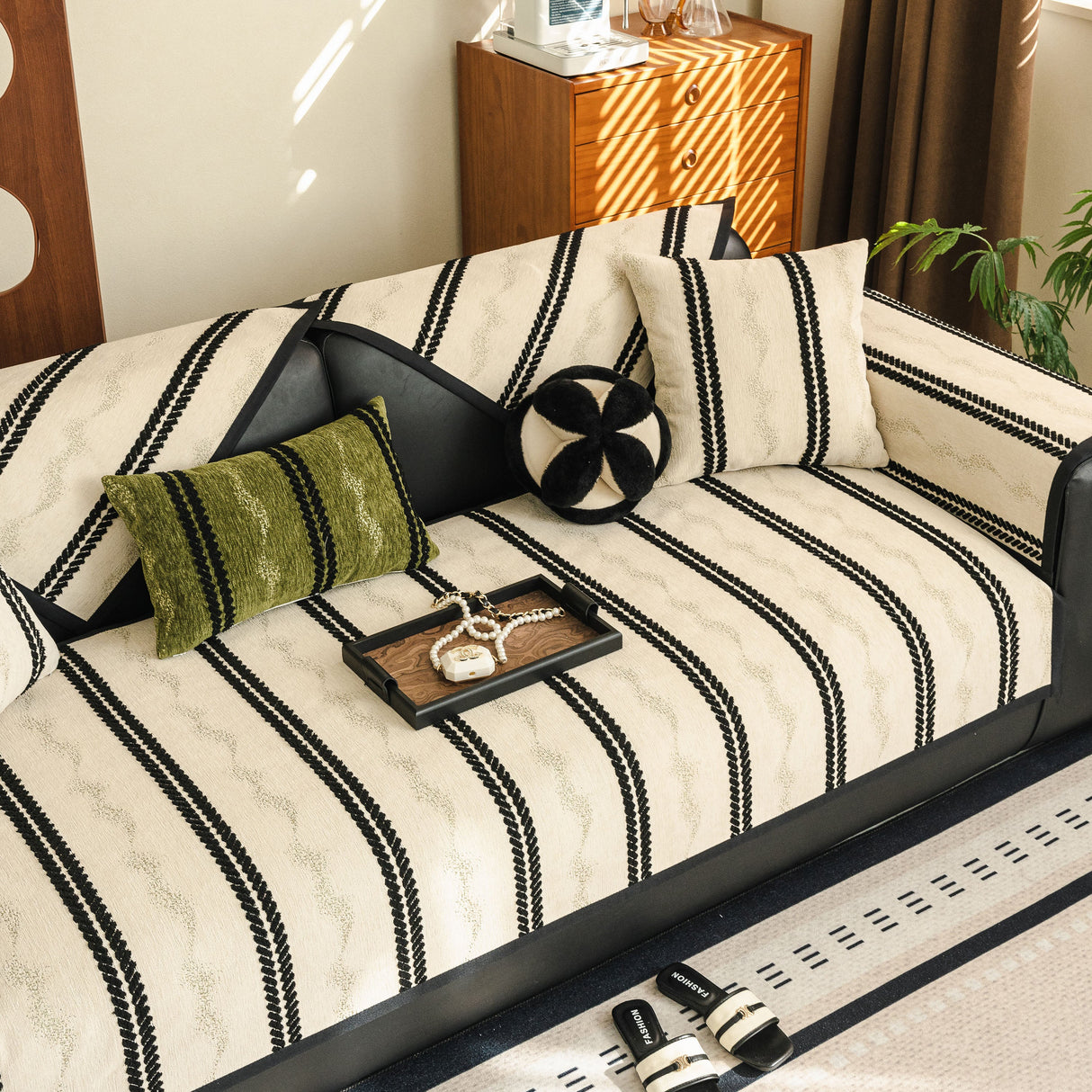 Non-Slip Sofa Cover with Thick Chenille Texture Woven Stripe Couch Protector Throw