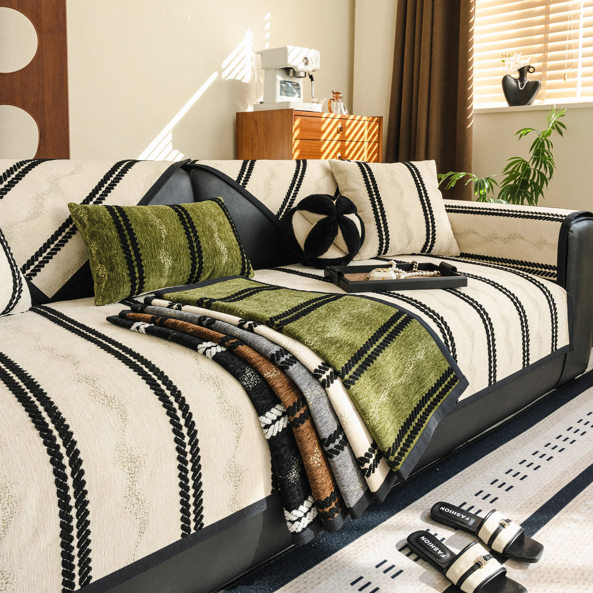 Non-Slip Sofa Cover with Thick Chenille Texture Woven Stripe Couch Protector Throw