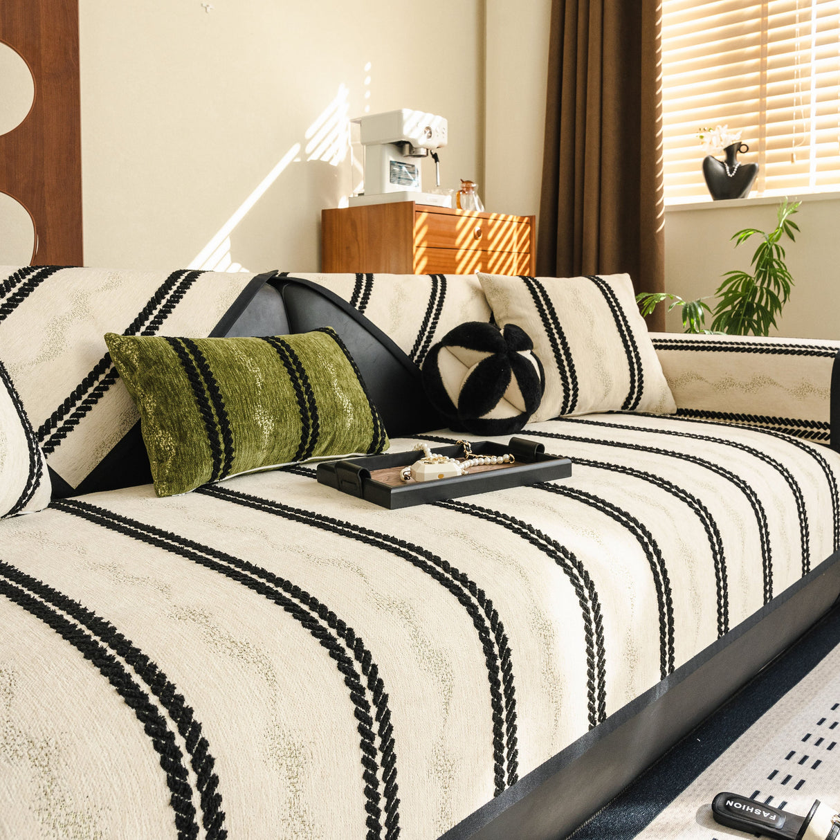 Non-Slip Sofa Cover with Thick Chenille Texture Woven Stripe Couch Protector Throw