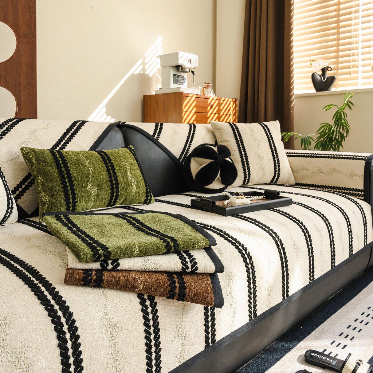 Non-Slip Sofa Cover with Thick Chenille Texture Woven Stripe Couch Protector Throw