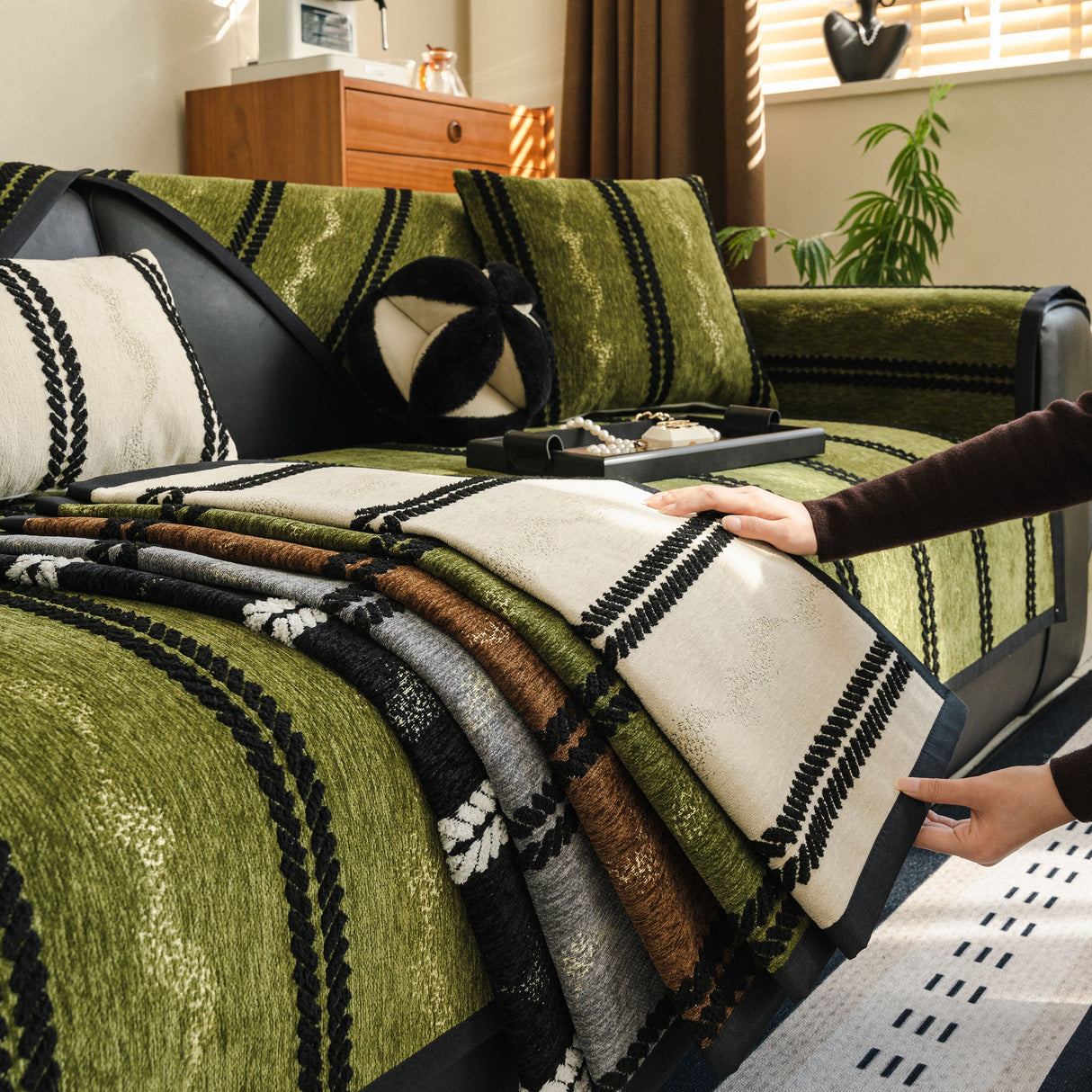 Non-Slip Sofa Cover with Thick Chenille Texture Woven Stripe Couch Protector Throw