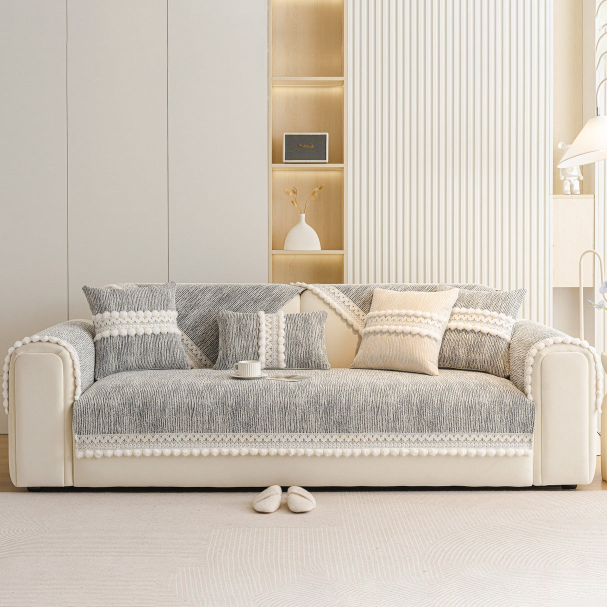 Soft Chenille Sectional Sofa Cover with Pom Pom Trim – Non-Slip Couch Protector