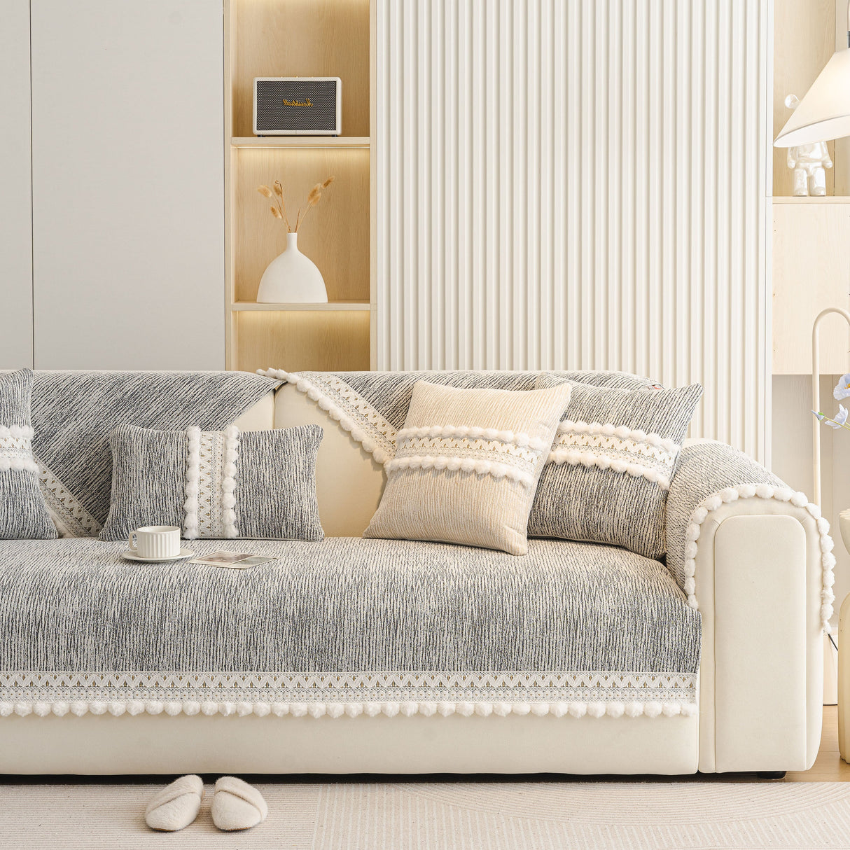 Soft Chenille Sectional Sofa Cover with Pom Pom Trim – Non-Slip Couch Protector