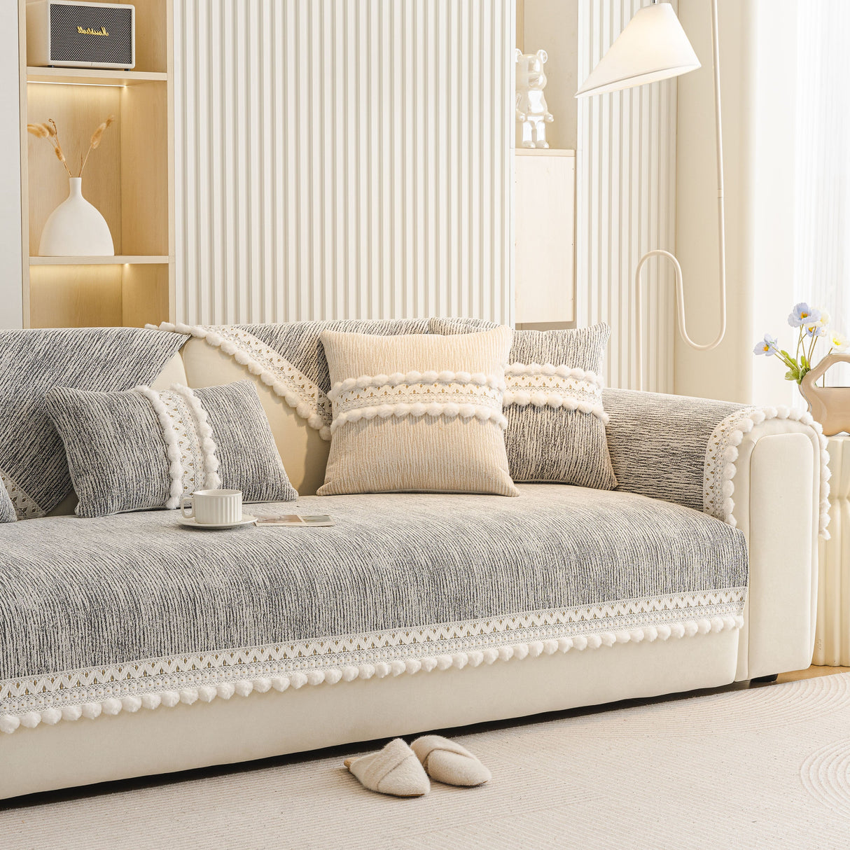 Soft Chenille Sectional Sofa Cover with Pom Pom Trim – Non-Slip Couch Protector