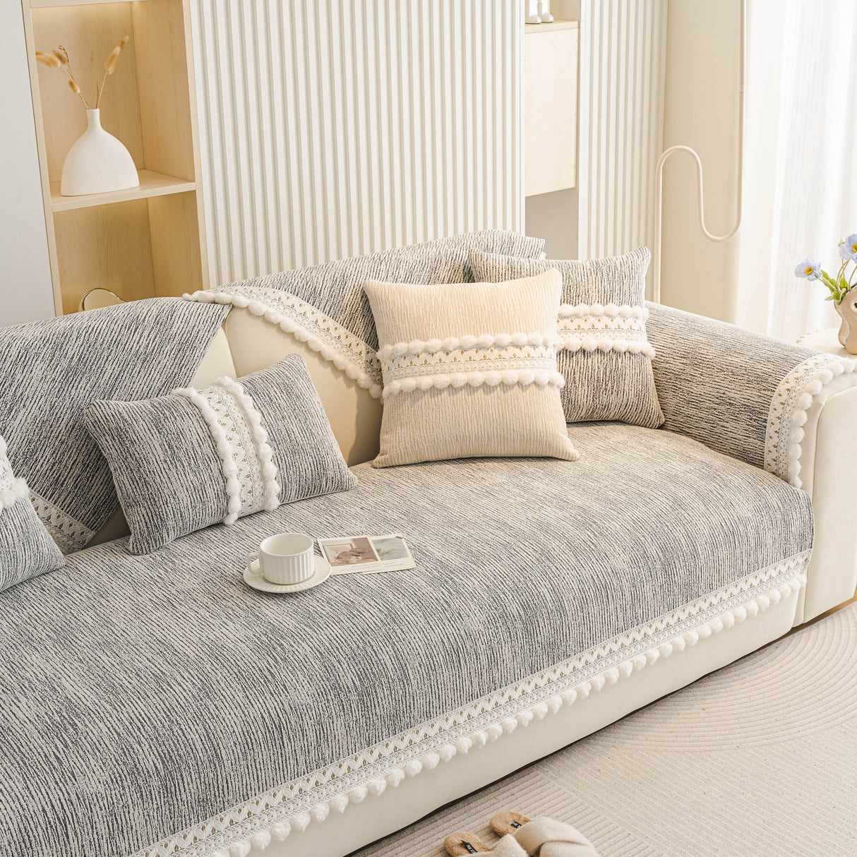 Soft Chenille Sectional Sofa Cover with Pom Pom Trim – Non-Slip Couch Protector