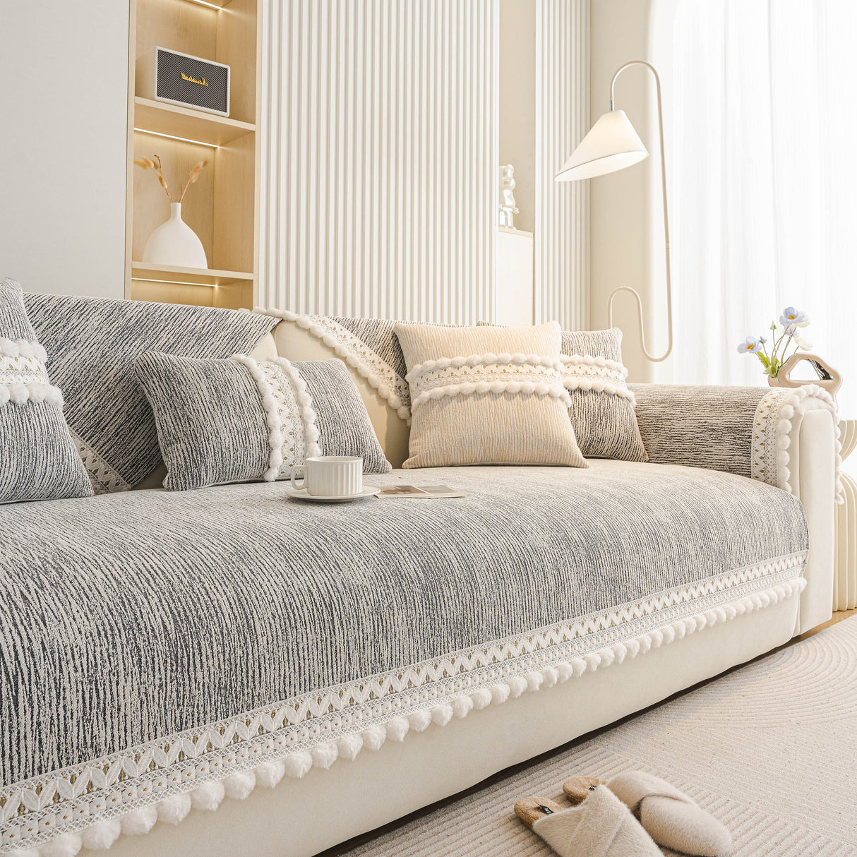 Soft Chenille Sectional Sofa Cover with Pom Pom Trim – Non-Slip Couch Protector