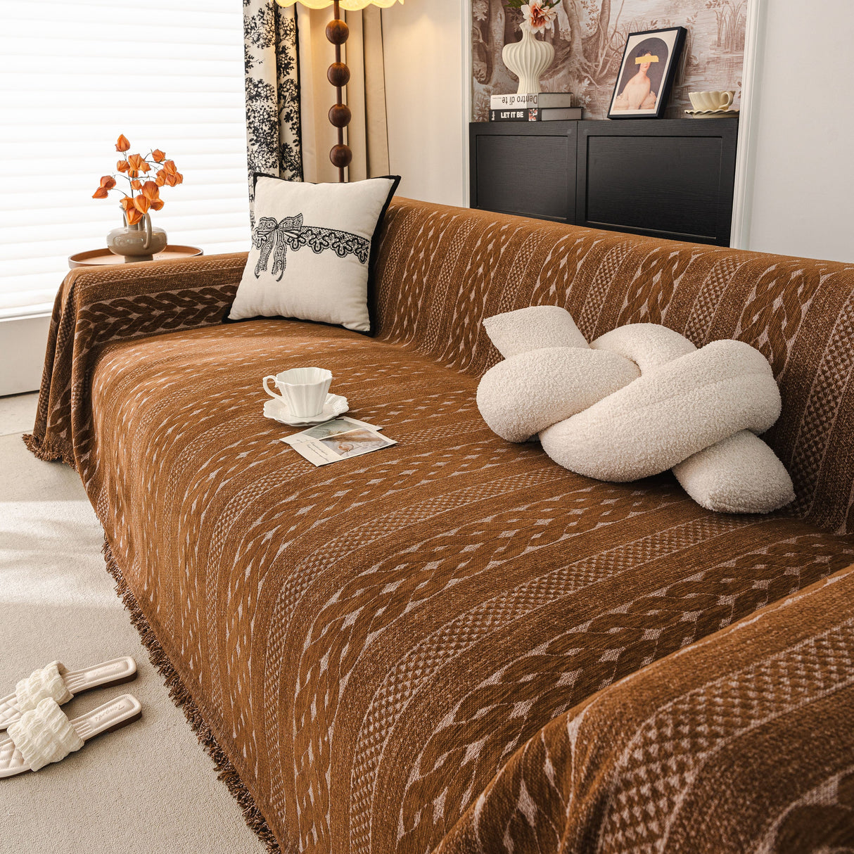 Sofa Cover Blanket Throw with Tassels, Decorative Furniture Protector for Dogs/Pets