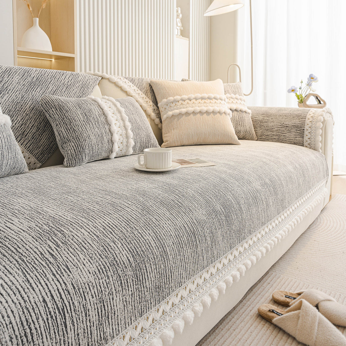 Soft Chenille Sectional Sofa Cover with Pom Pom Trim – Non-Slip Couch Protector