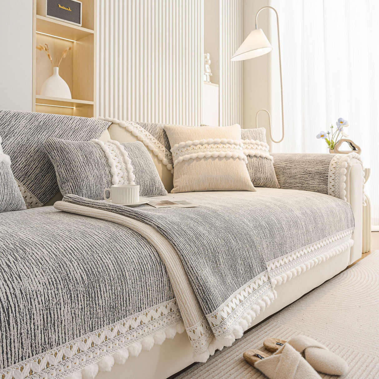 Soft Chenille Sectional Sofa Cover with Pom Pom Trim – Non-Slip Couch Protector