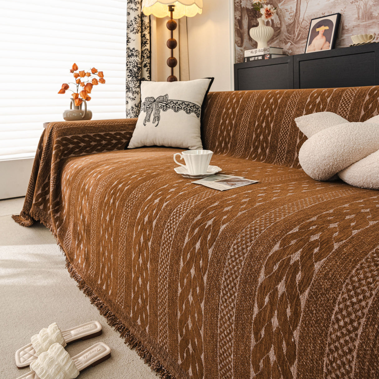 Sofa Cover Blanket Throw with Tassels, Decorative Furniture Protector for Dogs/Pets