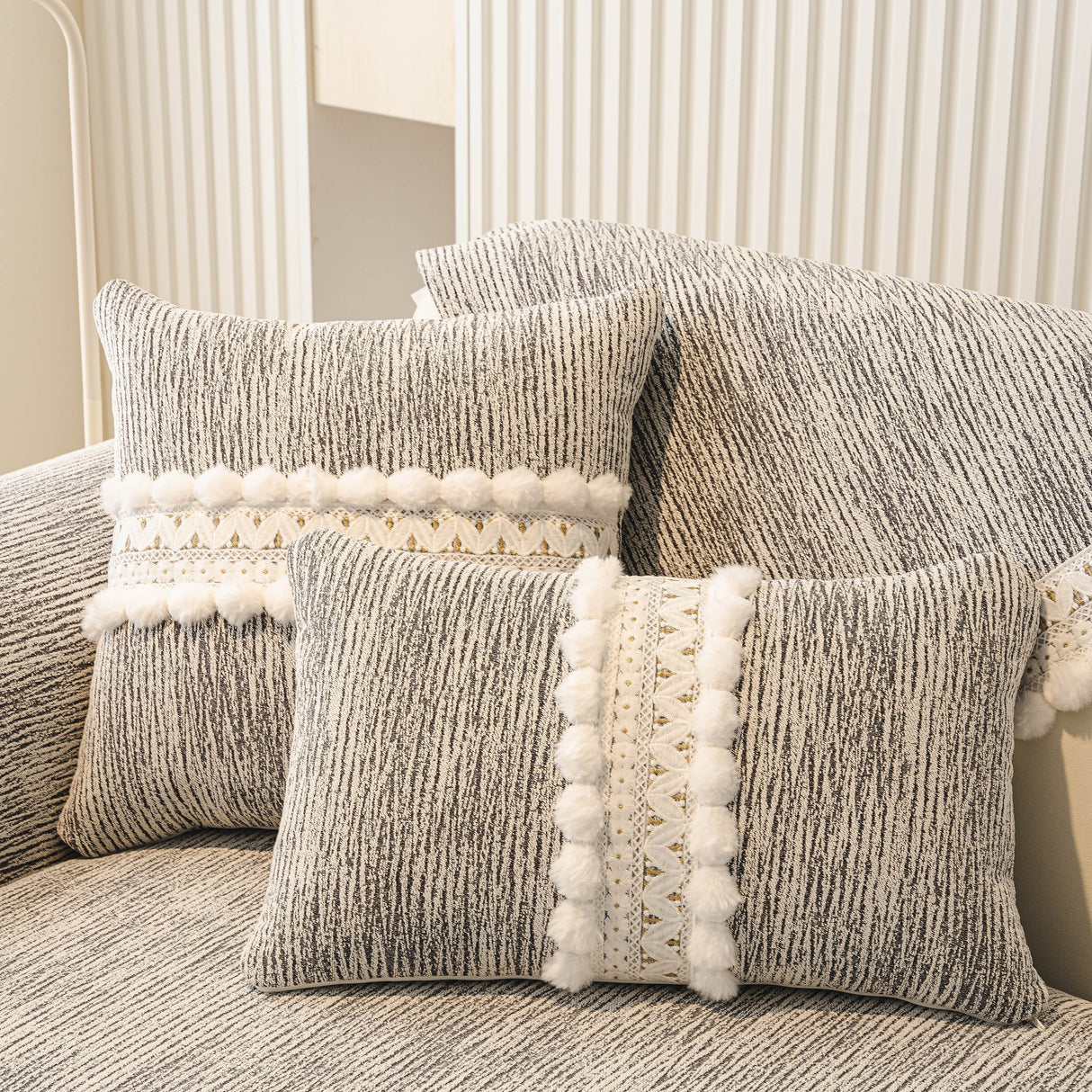 Soft Chenille Sectional Sofa Cover with Pom Pom Trim – Non-Slip Couch Protector